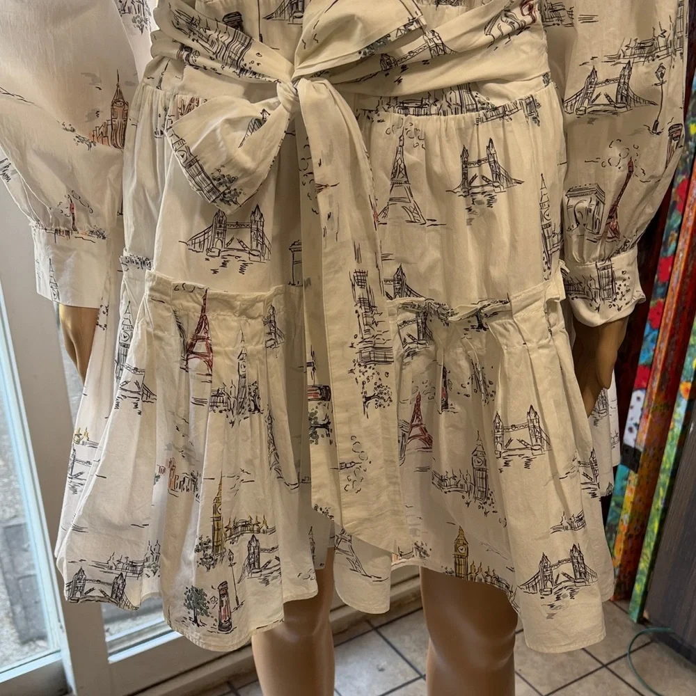 En Saison Travel Print Dress with Puff Sleeves, Tie Waist, Medium - Picture 5 of 13